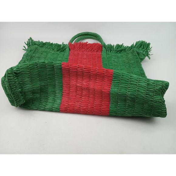 Gucci Green Stripe Web Woven Straw Raffia Tote Shopper Bag - Picture 5 of 8